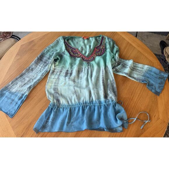 Hale Bob S Cabana Silk Ombre Tie Dye Beaded V-Neck Top Drawstring Waist 37” Bust - Picture 10 of 10
